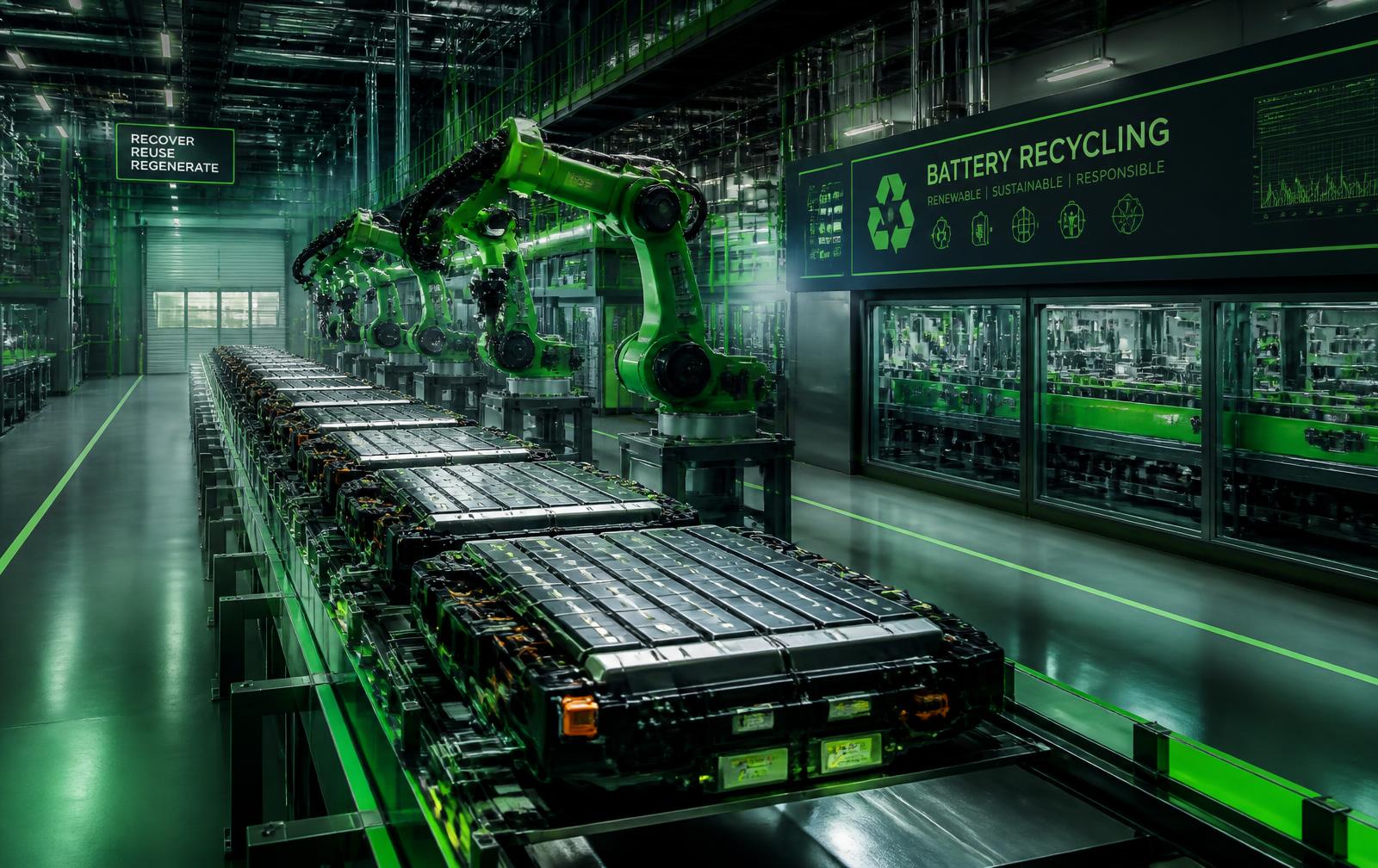 EV battery packs moving through a clean, green-lit recycling facility